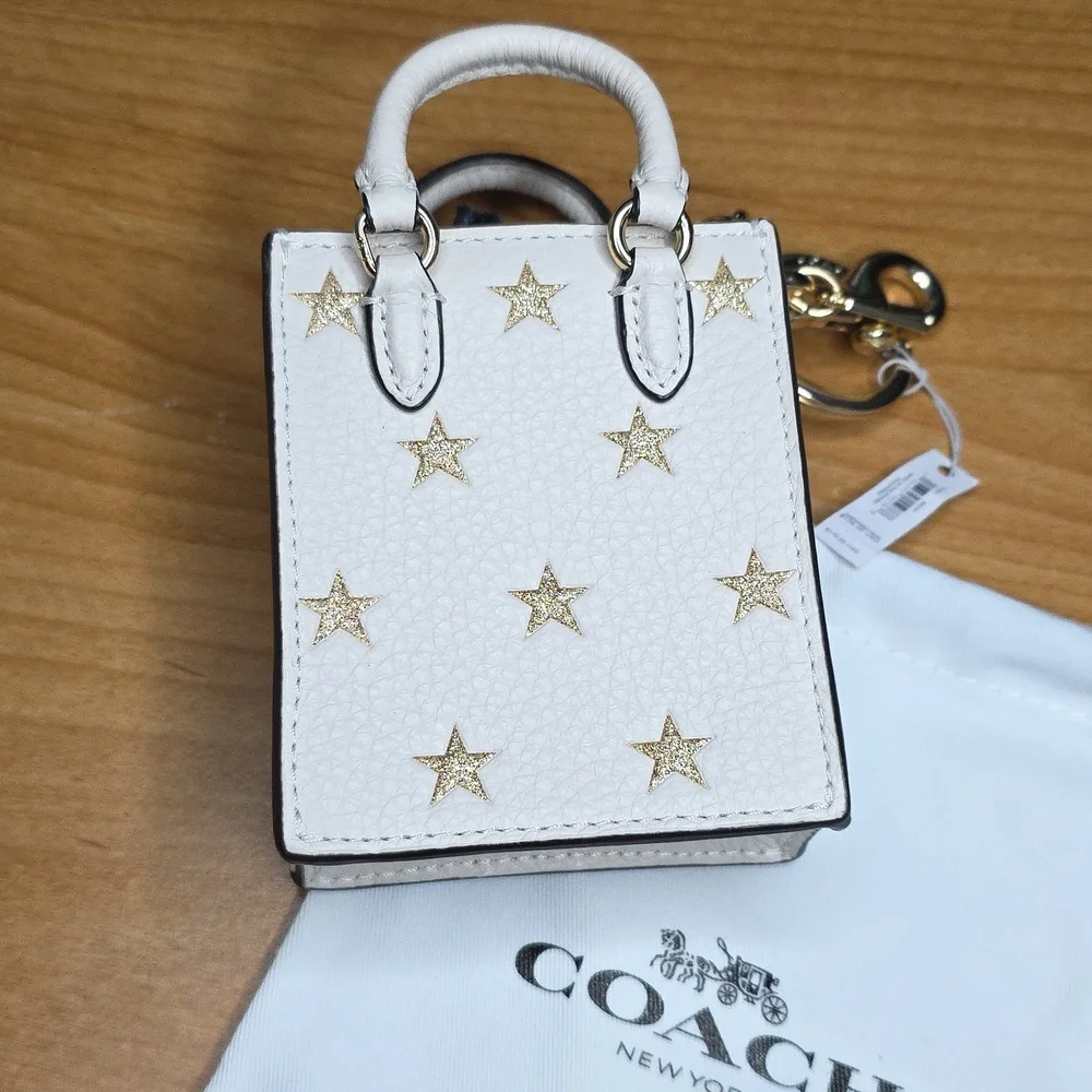 Coach Mini Tote Bag in White with Gold Stars KeyChain - Picture 2 of 3